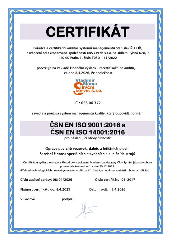Certifikát ČSN EN ISO 90001:2016 a ČSN EN ISO 14001:2016
